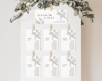 Minimalist Table Cards, Botanical Table Plan Wedding, Modern Individual Seating Chart Cards, Seating Plan Editable Seating Template 589-A