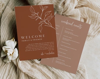 Terracotta Wedding Events Timeline, Modern Wedding Weekend Itinerary, Welcome Bag Letter, Botanical Order Events, Editable Template, 589-A