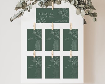 Botanical Table Plan Wedding, Individual Seating Chart Cards Sage Green, Minimalist Table Card, Seating Plan Editable Seating Template 589-C