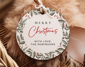 Scandi Round Tag, Editable Christmas Sticker Label, Editable Round Christmas Gift Tags Nordic Holiday Labels, Xmas Party Favor, Hygge 219-B