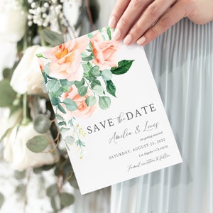 Pfirsich Floral bearbeitbare Save the Date, Pfirsich grün druckbare Save our Date DIY Vorlage, Rosen, Eukalyptus Datum Karte Sofort Download 551-A