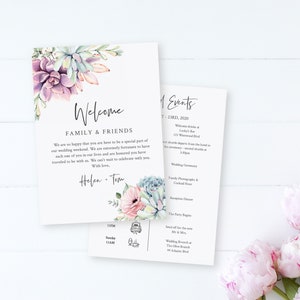 Itinerario de carta de bolsa de bienvenida editable suculenta, cronología de boda de cactus, plantilla de orden de eventos imprimible, desierto, descarga instantánea 535-A