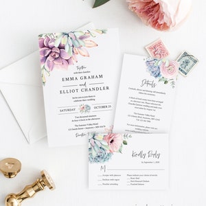 Succulent Editable Wedding Invitation Suite, Lilac Green Blush RSVP Details Cactus Desert Printable Template Instant Download Templett 535-A