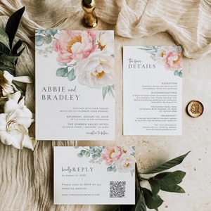 Pfingstrose Hochzeitseinladungssatz QR Code RSVP, Blush Floral Hochzeitseinladungsset, Moderne Gartenhochzeit, Boho Editierbare Einladungsvorlage, 507-A