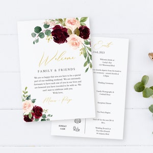 Burgundy Blush bewerkbare welkomsttas brief reisplan, bloemen bruiloft tijdlijn, afdrukbare volgorde van evenementen, sjabloon, Instant Download 574-A