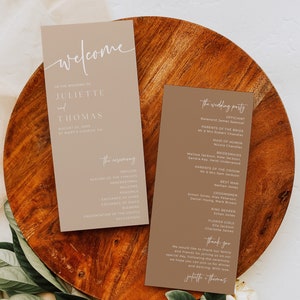 May include: A tan wedding program with the text "Welcome to the wedding of Juliette and Thomas" at the top. The program lists the order of the ceremony and the wedding party.