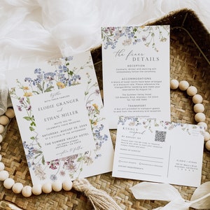 Wildflower Wedding Invitation Set QR Code RSVP, Wedding Invitation Suite Photo, Floral Wedding Invitation, Editable Invite Template, 504-A