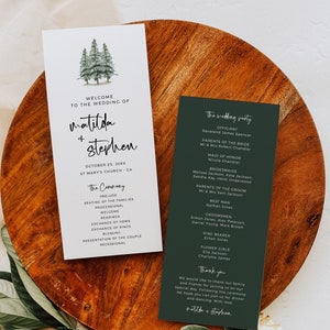 以下が含まれることがあります： 緑色の背景に白い文字で書かれた結婚式プログラム。プログラムには、マチルダとステファンの名前、20XX年10月25日の日付、式典の順番が記載されています。結婚式パーティーはプログラムの右側に記載されています。