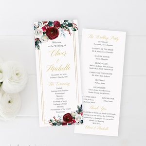 May include: Wedding ceremony program with a burgundy, white, and green floral design. The program includes the names Oliver and Michelle, the date December 20, 2020, and the location St. Mary's Church, MN. The program also includes the order of the ceremony and the wedding party.