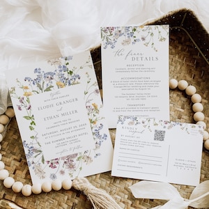 Wildblumen-Hochzeitseinladungsset QR-Code Antwortkarte, Hochzeitseinladungsfoto, Blumenhochzeitseinladung, bearbeitbare Einladungsvorlage, 504-A