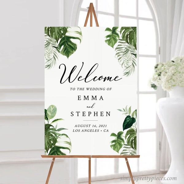 Monstera Editable Wedding Welcome Sign, Tropical Sign, Unlimited Custom Signs, 16 x 20 18 x 24 24 x 36 A1 A2 Template Instant Download 550-A