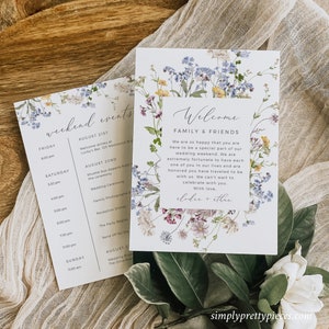 Itinerario del fin de semana de bodas de flores silvestres Cronología de bodas de flores silvestres, carta de bolsa de bienvenida floral, plantilla de orden de eventos editable boho, 504-A