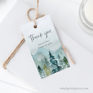 Woodland rustieke bewerkbare tags, afdrukbare bergen gunst tags, bos buiten bruiloft cadeau tag, DIY sjabloon Instant Download Templett 531-A
