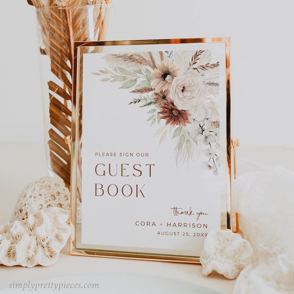 Boho Guest Book Sign, Editable Bohemian Pampas Grass Sign Our Guestbook, Terracotta Printable Wedding Bridal Shower Template, Download 590-A