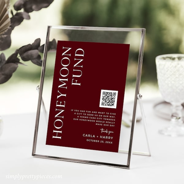 Jewel Tone Honeymoon Fund Sign, Modern Editable Venmo Honeymoon Wish Sign, QR Code Printable Wedding Cash Gift Template, Download, 587-A