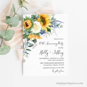 Sunflower Editable Anniversary Party Invitation, Yellow Floral Eucalyptus 25th 30th 40th 50th Anniversary DIY Template, Inst Download 565-A