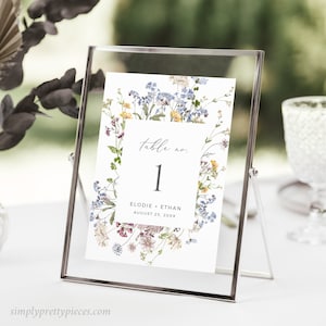 Wildflower tafelnummer, weidebloemen tafelnummer, Boho Wedding tafelnummer, afdrukbare tafelkaart, bewerkbare tabelnummer sjabloon 504-A