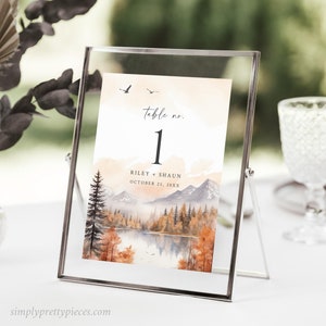 Woodland Wedding Table Number, Fall Wedding Table Number, Rustic Table Number Template, Printable Table Card Mountain Outdoor Editable 599-A