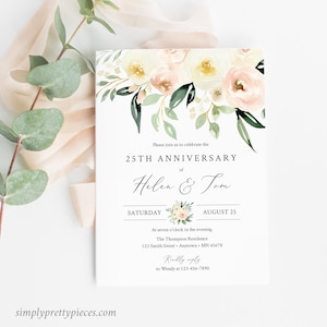 Blush Greenery Floral Editable Anniversary Party Invitation, 25th 30th 40th 50th Anniversary 70th Invite with Flowers, DIY Template, 536-A