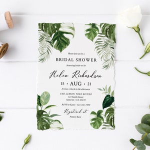 Monstera Editable Bridal Shower Invitation, Tropical Greenery Shower Invite Template Palm Foliage Botanical Printable Instant Download 550-A