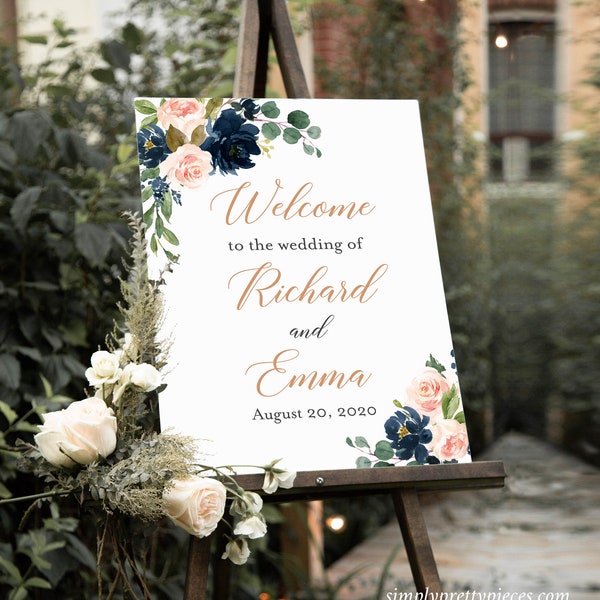 Navy Blush Rose Gold Floral Editable Wedding Welcome Sign, Shower Sign, Unlimited, 16 x 20 18 x 24 24 x 36, Template Instant Download 542-A