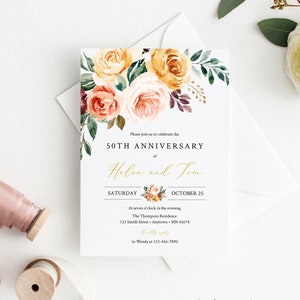 Gold Blush Greenery Floral Editable Anniversary Party Invitation, Boho 25th 30th 40th 50th Anniversary DIY Template, Instant Download 540-A