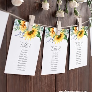 Sunflower Editable Seating Chart Template, Eucalyptus Rose Hanging Table Cards, Yellow Floral Table Seating Plan, Instant Download, 565-A