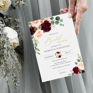 Editable Burgundy Blush Bridal Shower Invitation, Pink Merlot Gold Floral Shower Invite DIY Template, Printable, Rose Instant Download 574-A