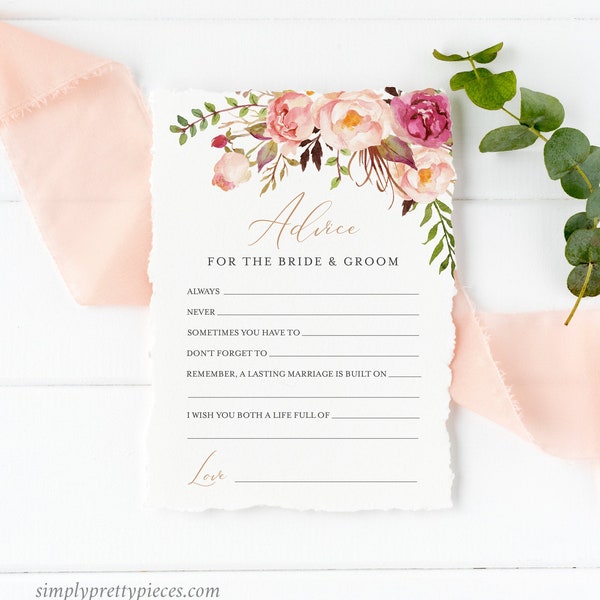 Blush Rose Gold Peonies Editable Advice for the Bride and Groom, Pink Printable Bridal Shower Template, Advice Card, Instant Download 516-A