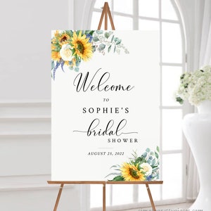 Letrero de bienvenida editable con diseño de girasol para despedida de soltera, letrero de eucalipto con flores amarillas, 16 x 20, 18 x 24, 24 x 36, plantilla para descargar de inmediato 565-A