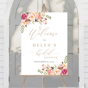 Blush Rose Gold Floral Editable Bridal Shower Welcome Sign, Pink Green Boho Shower Sign 16 x 20 18 x 24 24 x 36 Template Inst Download 516-A