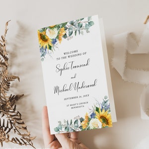 Zonnebloem bewerkbaar boekje programma, opvouwbaar geel bloemen bruiloftsprogramma, afdrukbare eucalyptus programmasjabloon, A4 Instant Download 565-A