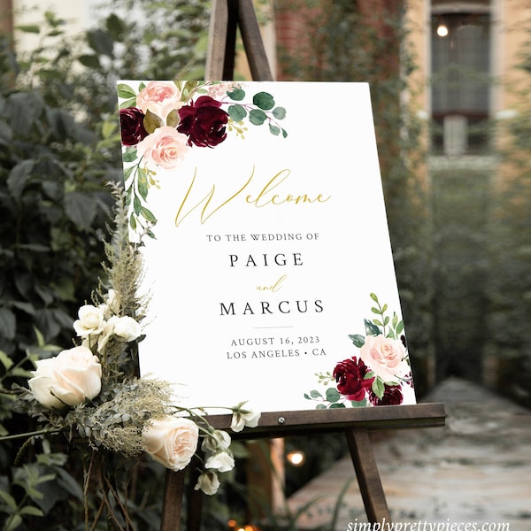 Editable Burgundy Blush Wedding Welcome Sign, Merlot Sign, Unlimited Custom Signs, 16 x 20 18 x 24 24 x 36 Template Instant Download 574-A