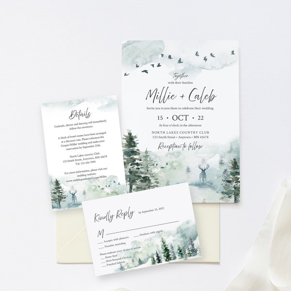 Forest Rustic Editable Wedding Invitation Suite, Deer Stag RSVP Details, Woodland Pine Printable Template, Instant Download, Templett 570-A