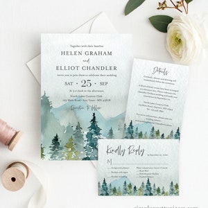 May include: Wedding invitation suite with a watercolor illustration of a forest and mountains. The invitation features the names Helen Graham and Elliot Chandler, the date September 25th, and the location North Lakes Country Club. The RSVP card includes a choice of entrees: Roast Beef, Herb Roasted Chicken, or Poached Salmon.