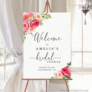 Fuchsia Coral Peonies Editable Bridal Shower Welcome Sign, Pink Floral Shower Sign, 16 x 20 18 x 24 24 x 36 Template, Instant Download 571-A