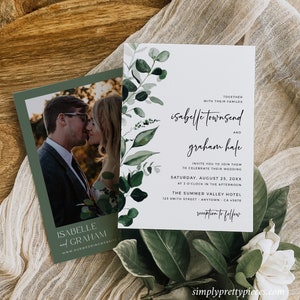 Hochzeitseinladung im Grünen, Botanische Hochzeitseinladungsvorlage, Gartenhochzeit einladen, Salbeigrün einladen, Eukalyptus, bearbeitbar, 596-A
