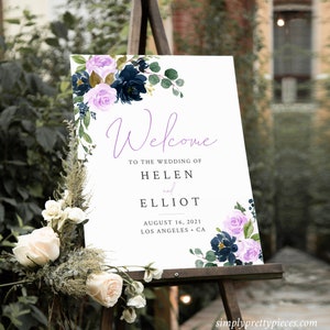 Navy Lilac Floral Editable Wedding Welcome Sign, Lavender Shower, Unlimited Signs, 16 x 20 18 x 24 24 x 36 Template Instant Download 556-A