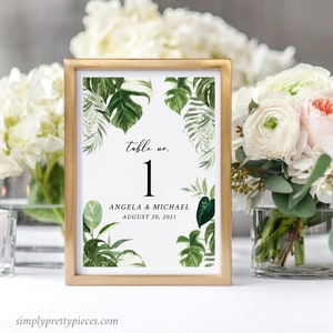 Numéros de table modifiables Monstera, numéros de table de mariage de verdure tropicale imprimable, modèle de palmier banane, téléchargement immédiat, Templett, 550-A