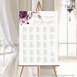 Paarse bloemen alfabetisch bewerkbare stoelentabel, afdrukbaar tafelplan pruim lila, 18 x 24 24 x 36, A1 A2, sjabloon, instant download 527-A