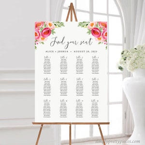 Fuchsia Coral Blush bewerkbaar tafelplan, bloemen bruiloft afdrukbare zitplaatsen grafiek, 18 x 24 24 x 36, A1 A2, sjabloon, Instant Download, 571-A