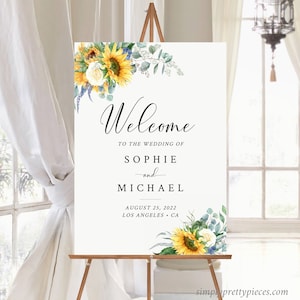 Signo de bienvenida de boda editable de girasol, signo de despedida de soltera, signos personalizados ilimitados, 16 x 20 18 x 24 24 x 36 plantilla Descarga instantánea 565-A