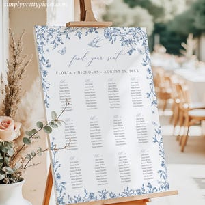 Stoffige blauwe toile bruiloft zitplaatsen grafiek, chinoiserie tafelplan poster, Franse bloemen zitplan bord, Victoriaanse bewerkbare sjabloon, 523-A