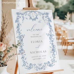 Plantilla de cartel de bienvenida para boda en chinoiserie azul polvoriento, cartel de bienvenida de Toile de Jouy, tablero de bienvenida victoriano, imprimible, regencia, editable, 523-A
