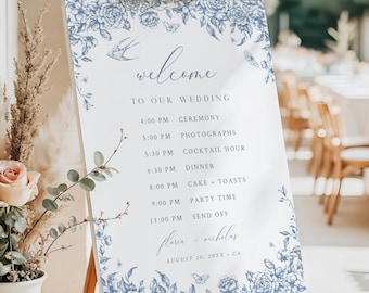 Chinoiserie Wedding Timeline Poster, Blue Toile Order of Events Sign Template, Printable, Editable 523-A