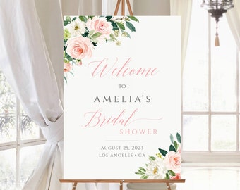 Blush Greenery Floral Editable Bridal Shower Welcome Sign, Pink Floral Shower Sign, 16 x 20 18 x 24 24 x 36 Template, Instant Download 505-A