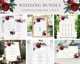 Editable Cranberry Floral Wedding Bundle, Winter Printable Invitation Suite Sign Menu Seating Chart Program Christmas Instant Download 543-A