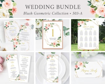 Editable Blush Gold Geometric Wedding Bundle Pink Printable Invitation Suite Sign Menu Seating Chart Program Templett Instant Download 503-A