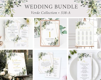 Editable Wedding Bundle, Greenery Gold Geometric Printable Invitation Suite Sign Menu Seating Chart Program, Templett Instant Download 538-A