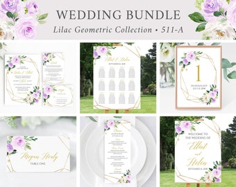 Editable Lilac Gold Geometric Wedding Bundle, Printable Invitation Suite Sign Menu Seating Chart Program, Templett, Instant Download 511-A